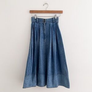 Vintage Koret Denim Midi Skirt High Waisted Pleated Jean Skirt 80s 90s Classic